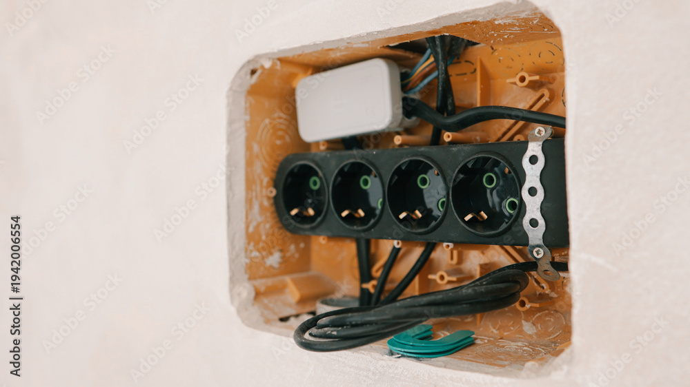 Fototapeta premium Electrical outlet installation in progress, showing wiring and socket housing within a wall