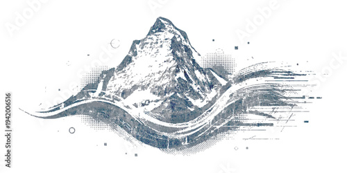 Artistic hand drawn mountain peak illustration with abstract blue flowing waves and halftone textures for outdoor adventure design