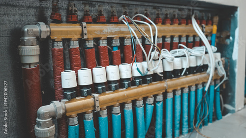 Canvastavla Close-up of a complex manifold system with pipes and wiring for heating or cooli