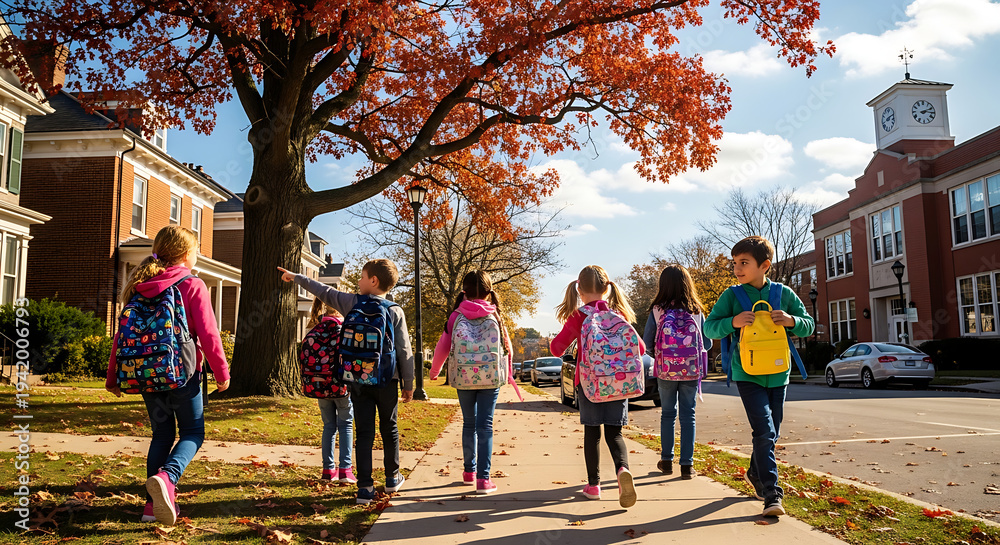 Obraz premium Autumn Walk to School: A group of diverse elementary school children, adorned with colorful backpacks, walk together on a sunny autumn sidewalk.