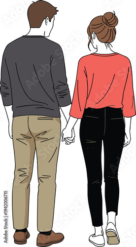 Couple walking together back view holding hands vector illustration concept