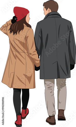 Couple walking together in winter clothes back view vector illustration concept