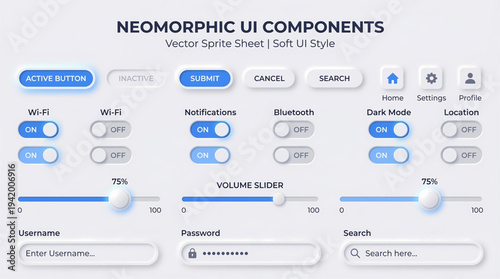 Neomorphic UI Components Sprite Sheet for Soft UI Style Buttons Toggles Sliders Input Fields 