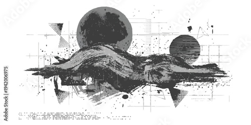 Abstract minimalist grunge landscape composition with geometric shapes, brushstrokes, and textures in black and white vector illustration style
