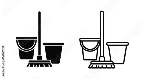 Two sets of cleaning tools including buckets and mops in silhouette