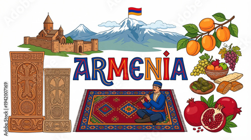 Armenia Culture and Tourism Vector Illustration with Mount Ararat Monasteries and National Symbols