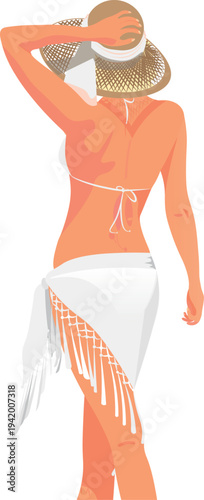 Beach girl in a white bikini and straw hat standing with her back turned
