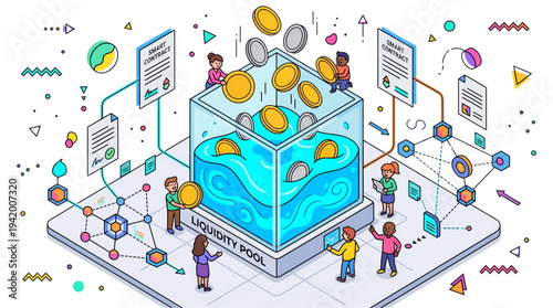 Decentralized Finance Liquidity Pool with Smart Contract Interaction Isolated on Transparent Background