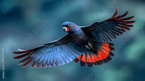 Red tailed black cocatoo in flight