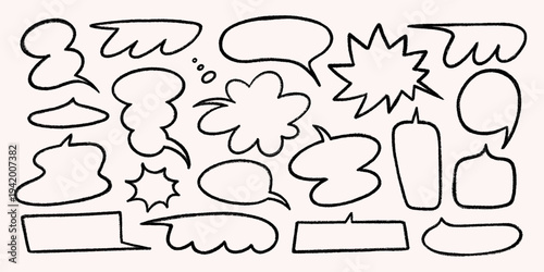 Crayon speech bubbles and comic text frames in black on light beige background. Speech bubbles and frames with doodle chalk effect. Perfect for sticker packs, posters, comics, retro designs