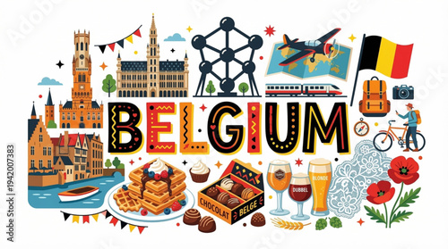 Belgium Culture and Tourism Vector Illustration with Atomium Brussels Architecture Waffles and Beer