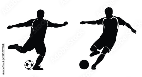 Two soccer players in action with a ball dynamic pose silhouette