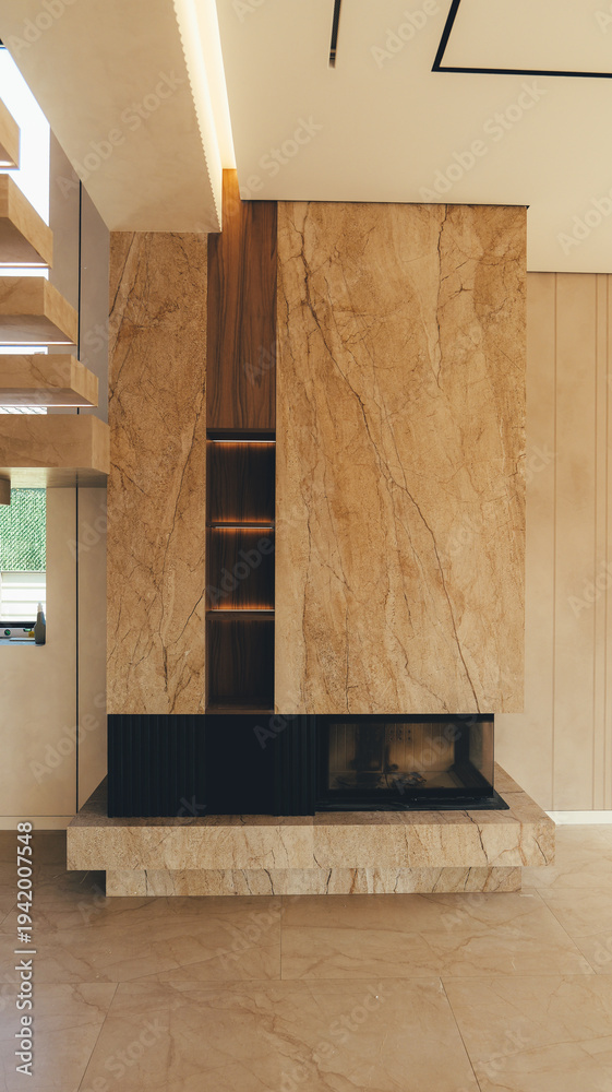 Fototapeta premium Modern luxury fireplace with natural stone and wood accents, integrated shelving, and ambient lighting