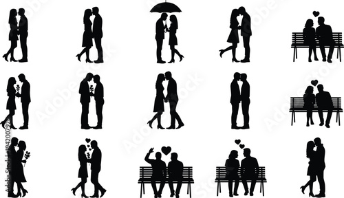 Romantic couples silhouette collection love relationship vector illustration set
