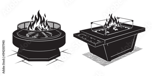 Outdoor fire pits vector illustration set with burning logs and flames on transparent background