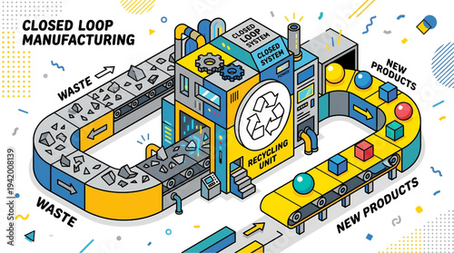 Isometric Closed Loop Manufacturing Process with Recycling Unit, isolated on transparent background