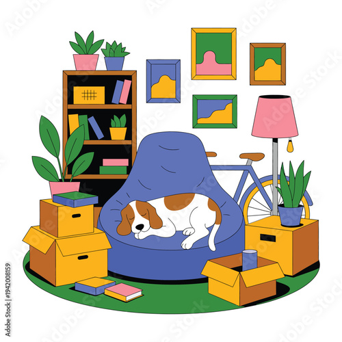 A dog naps peacefully in a beanbag chair surrounded by boxes and plants.