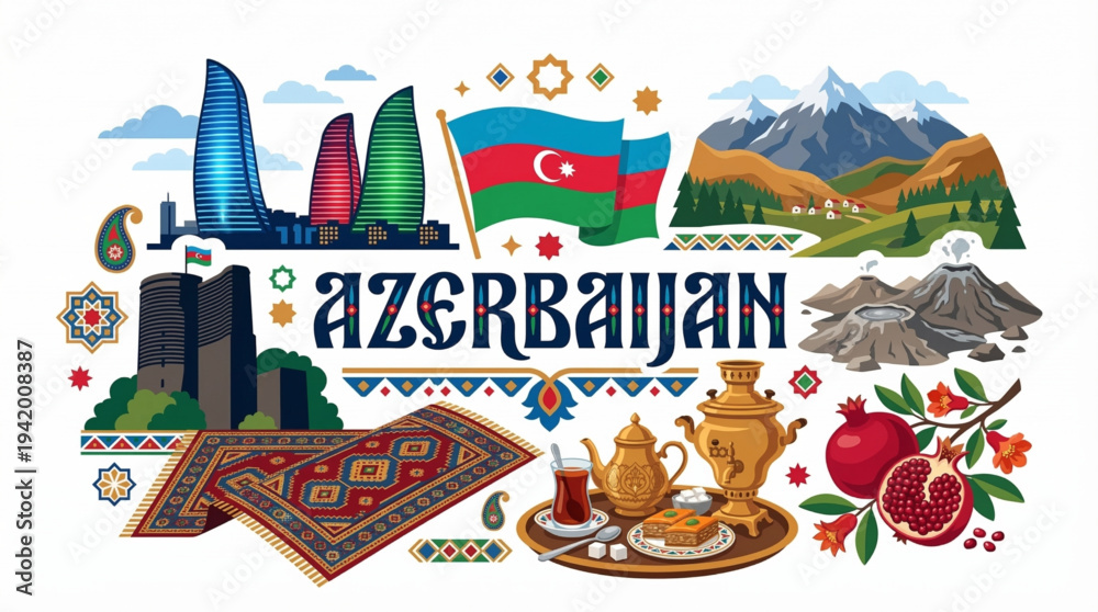 Fototapeta premium Azerbaijan Culture and Tourism Vector Illustration with Flame Towers Baku and National Symbols