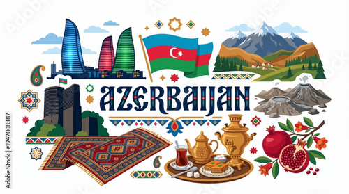 Azerbaijan Culture and Tourism Vector Illustration with Flame Towers Baku and National Symbols