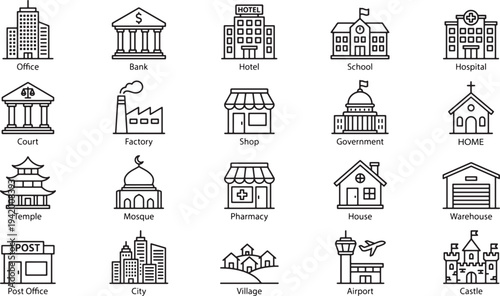City Buildings Line Icons Set - Outline Architecture and Landmark Symbols Collection Vector