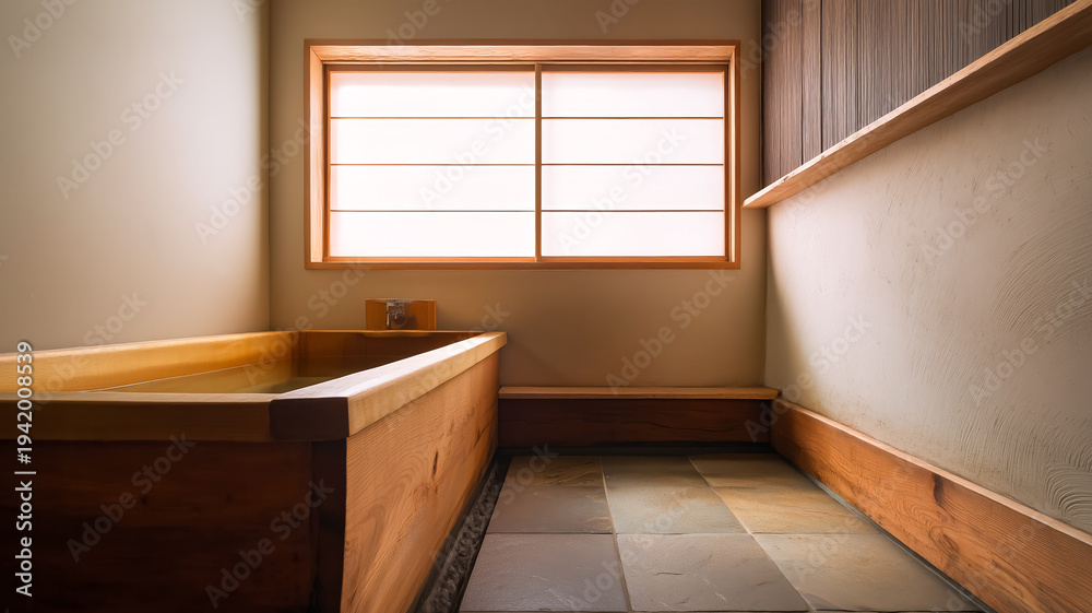 custom made wallpaper toronto digitalminimalist, authentic Japanese bathroom interior in wabi-sabi style, with soft, diffused daylight, a shoji-style window, and a design idea with space for text