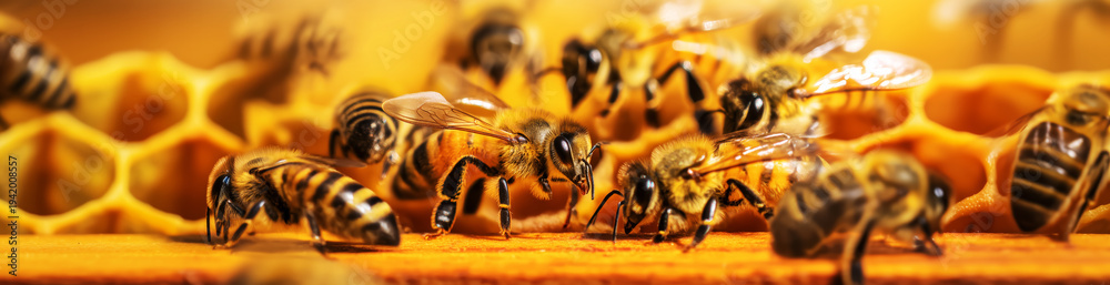 custom made wallpaper toronto digitalBanner with honeybees on honeycomb in a hive. Honey collection and the importance of insects to ecosystems, Earth Day poster concept, environmental awareness