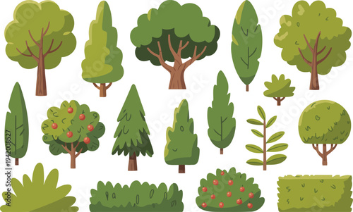 A diverse collection of green trees and bushes in various shapes and sizes on a white background