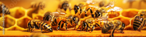 Wallpaper Mural Banner with honeybees on honeycomb in a hive. Honey collection and the importance of insects to ecosystems, Earth Day poster concept, environmental awareness Torontodigital.ca