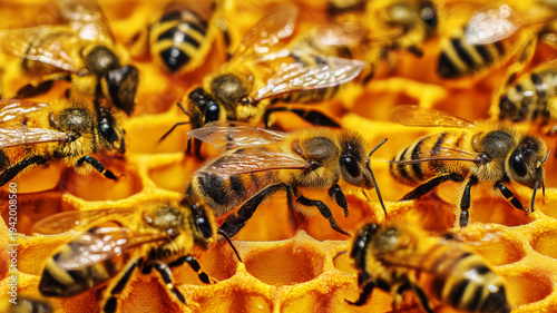 Wallpaper Mural Close-up of honeybees on honeycomb, farm apiaries and the importance of insects in the Earth's ecosystems, Earth Day poster idea Torontodigital.ca