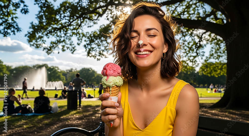 Fototapeta premium Joyful Treat in the Park: A delighted young woman enjoys a double-scoop ice cream cone on a sunny day in a park, with a fountain and lush trees in the background.
