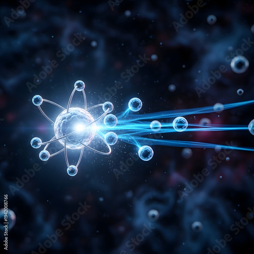 Atomic structure with electrons orbiting nucleus and emitting energy.