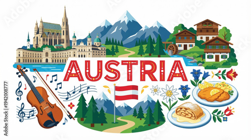Austria Culture and Tourism Vector Illustration with Alps Mountains Vienna and Classical Music Icons