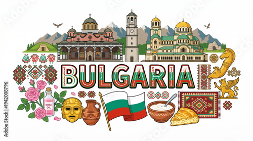 Bulgaria Culture and Tourism Vector Illustration with Rila Monastery Alexander Nevsky Cathedral and Rose Valley Icons