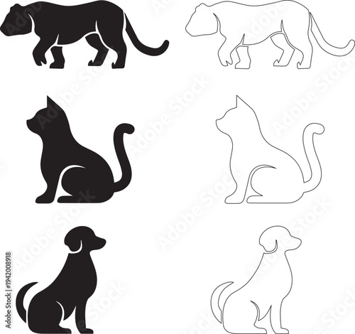 Minimalist vector silhouettes and line art icons of a stalking panther, sitting house cat  and loyal domestic dog