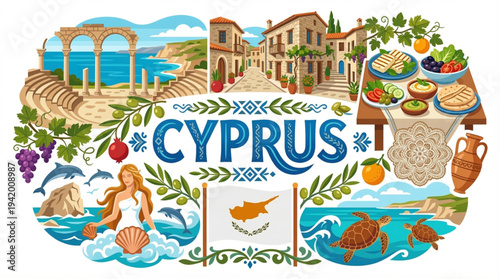Cyprus Culture and Tourism Vector Illustration with Kourion Ruins Aphrodite and Mediterranean Cuisine