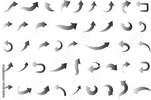 Curved Arrow Icon Set Collection Group in Flat Style Vector, Direction Pointer Navigation Symbol Bundle Pack, Swirl Rotate Flow Sign Silhouette Outline Design