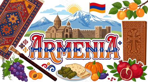 Armenia Culture and Tourism Vector Illustration with Mount Ararat Monasteries and National Symbols