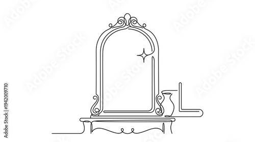 Single Continuous Line Arched Decorative Mirror with Reflection Sparkle Minimal Luxury Interior Illustration