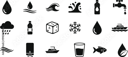 Silhouette water representing various water and weather related concepts and objects in black on white background silhouette