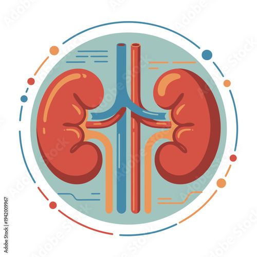 An illustration of a human kidney with its associated blood vessels and ureters in a circular graphic