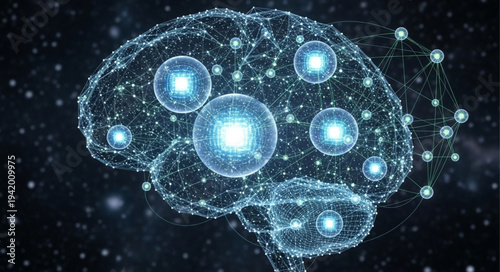Digital Brain Network Illustration Showing Connectivity and Data Flow.