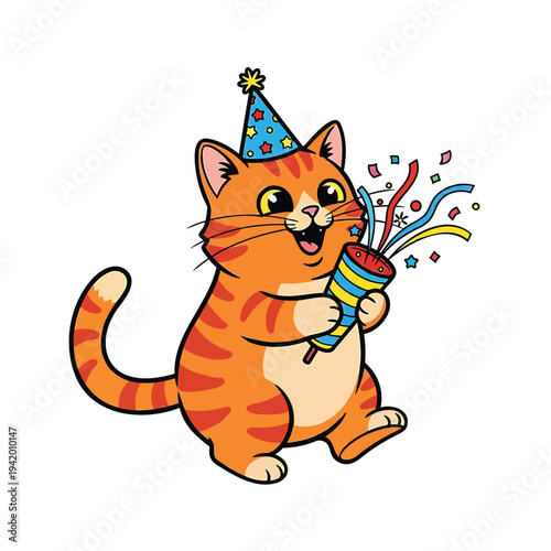 A cartoon cat wearing a party hat celebrates with a horn and confetti around it in a playful scene