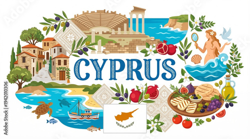 Cyprus Culture and Tourism Vector Illustration with Kourion Ruins Aphrodite and Mediterranean Cuisine