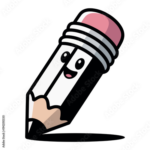 A cartoon pencil with a smiling face and a pink eraser is held by a hand on a white background.