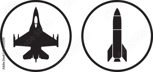 Black and white circular of military jet and rocket also transparent background circles