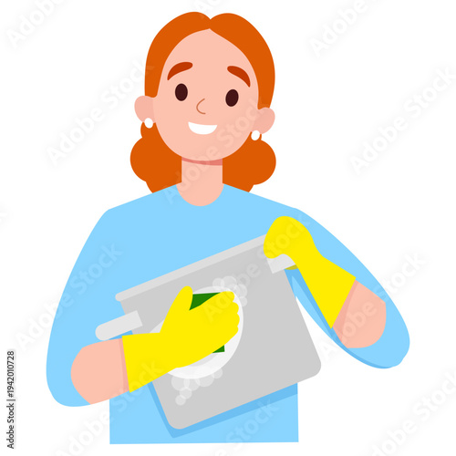 Smiling Woman Washing Dishes