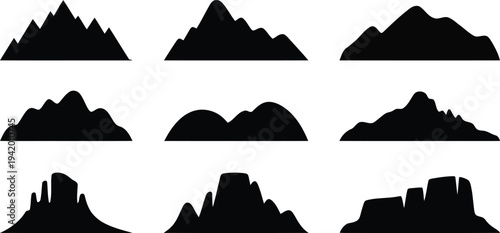 A graphic showcasing nine distinct black mountain range silhouettes on a clean white background