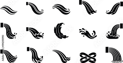 Collection of 12 water unique abstract black silhouette designs on white background