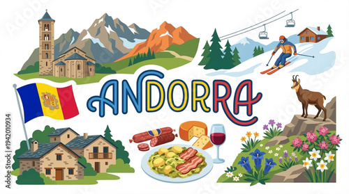 Andorra Culture and Tourism Vector Illustration with Pyrenees Mountains Skiing and Romanesque