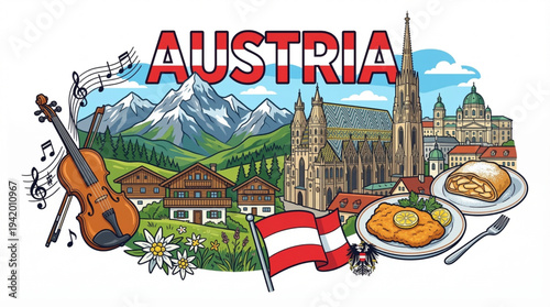Austria Culture and Tourism Vector Illustration with Alps Mountains Vienna and Classical Music Icons